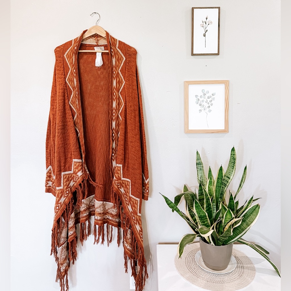 100% cotton boho aztec tassle rust orange cardigan